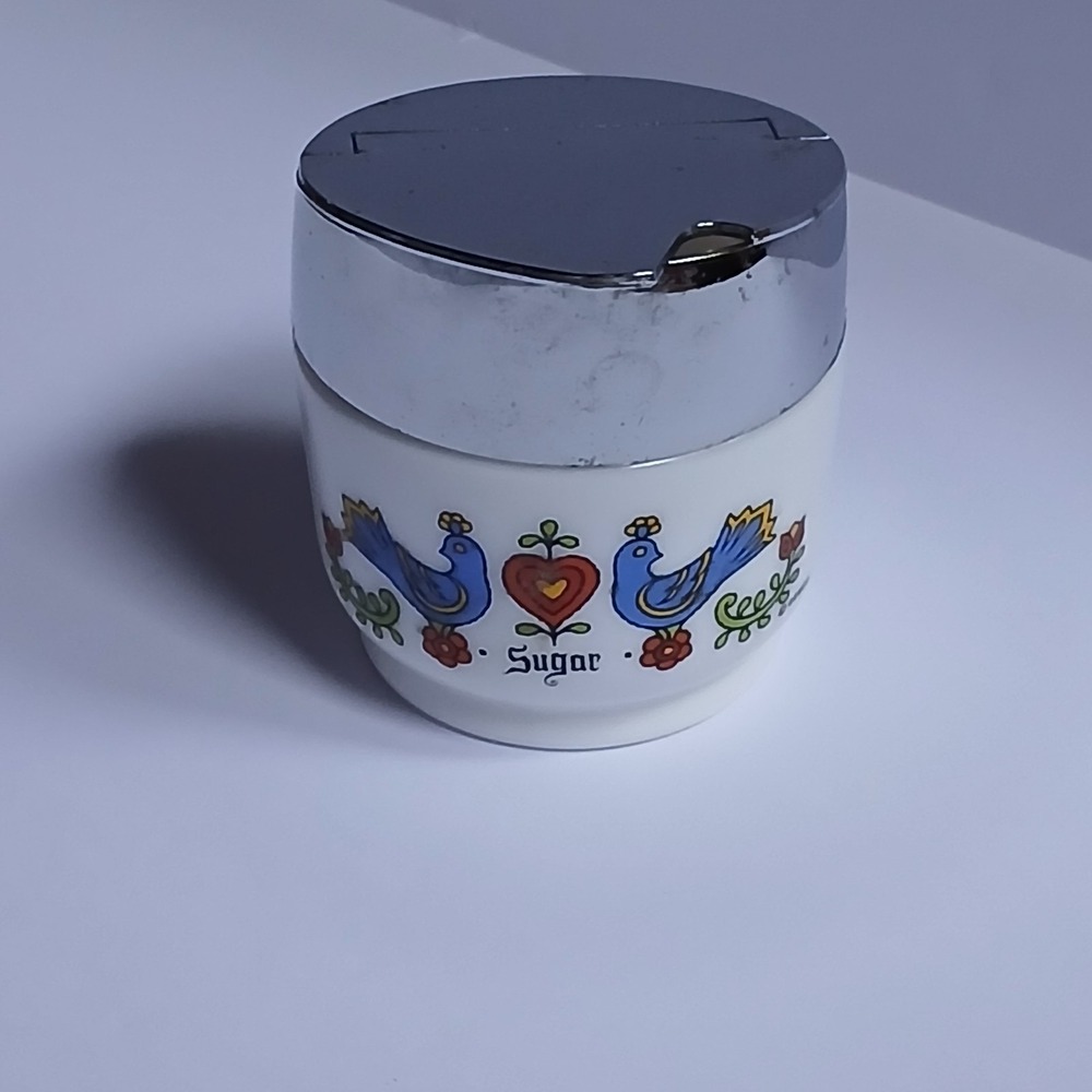 Vintage Gemco Country Festival Sugar Bowl Milk Glass Chrome Flip Lid Blue Birds